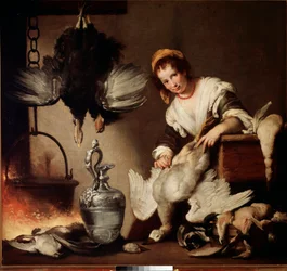 De kok Vrouw die eenden plukt. Schilderij door Bernardo Strozzi