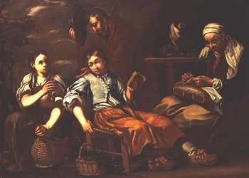 Een oude vrouw borduurt, een jongen leest en een meisje biedt een oude man een drankje aan buiten een huisje
