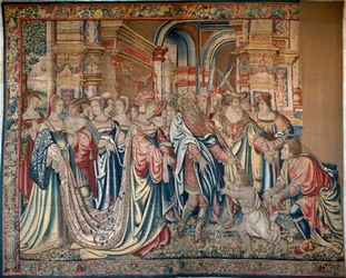 Cyclus van Oedipus: processie van Polybe en Periboae in Korinthe. De processie markeert de adoptie door de koningin van Oedipus, die ontsnapt uit de armen van Phorbas, omringd door vorsten en hovelingen die de scène bekijken. Wandtapijt