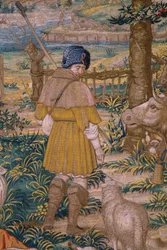 Vlaamse wandtapijt. Serie De stichting van Rome: Faustulus ontmoet Romulus en Remus. Tekenaar Barend van Orley (?). Brusselse fabricage. 1525-1530. (detail)