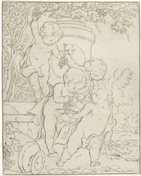 Vier druiven plukkende putti bij een vaas