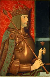 Keizer Maximiliaan I in harnas en koninklijke kroon (olieverf op hout)