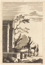 Paard en ruiter bij een fontein
