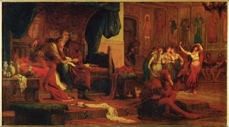 Koning Laszlo V van Hongarije en zijn raadsheer Ulrich van Cilli, die de jonge koning verwent met pleziertjes om de regering over te nemen (schilderij op doek)