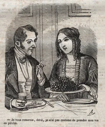 Dank u, ik ben niet gewend mijn wijn in pillen (druiven) te nemen - gravure in 