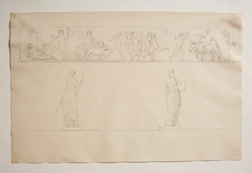 Bacchus Processie met Bacchus en Ariadne. Twee Beelden van Muzen