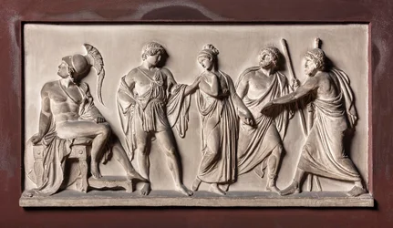 Briseïs wordt door de herauten van Agamemnon bij Achilles weggevoerd