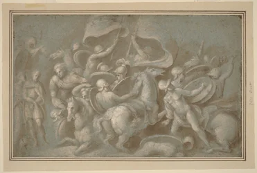 Battle Scene (penseel en bruin gewassen met witte gouache over zwart krijt op blauw papier)