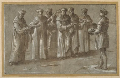 Zes professoren in de anatomie, die een schedel en gevilde ledematen bespreken