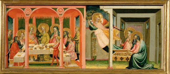 Scènes uit het verhaal van Tobias: hij trouwt met Sarah ... (schilderij op hout)