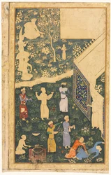 Muzikanten en bedienden buiten een koninklijk kampement recto, ca. 1485