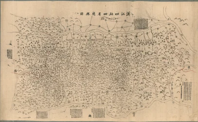 Han Jiang yi bei si sheng bian yu tu, ke ban. Manuscriptinformatie in rode inkt op oost- en westgrenzen. Gemonteerd op tweede vel papier en versterkt aan de randen met doek. Beschikbaar ook via de website van de Library of Congress als rasterafbeelding. LC