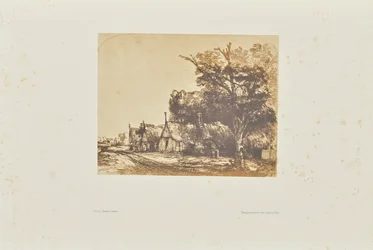[Landschap met drie huisjes met puntgevels langs een weg].