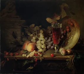 Stilleven met fruit, glas wijn, 1863