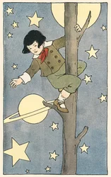 Jongen klimt in een boom tussen de sterren en planeten