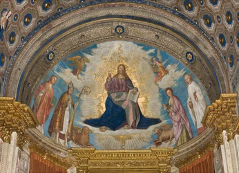Apsis, Catino Apsis, Boccaccio Boccaccino, Pantocrator tussen de Heiligen Marcellino, Imerio, Omobono, Peter Exorcist