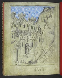 Add 24189. f.16v, Samson die de poorten van Gaza draagt, bekeken vanaf de stadsmuren door gepantserde soldaten en, bij een raam, Delilah, uit het 