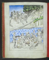 Add 24189, f.5v, Recreatie op Cyprus met, boven, een hertenjacht met luipaarden en, beneden, een feest, uit het 