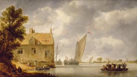 Bouwers repareren een huis bij een rivier