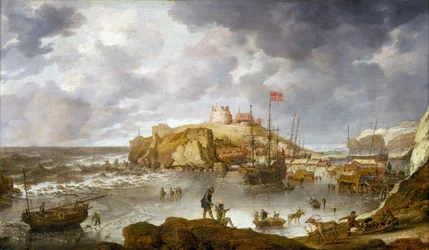 De haven van Archangel, Rusland, gedeeltelijk bevroren, met een schip dat de Deense vlag voert