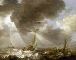 Twee Nederlandse vissersboten in de bries, geladen met passagiers die ze vervoeren naar de stad zichtbaar aan de horizon, de boten dragen de vlag van de Amsterdamse Admiraliteit