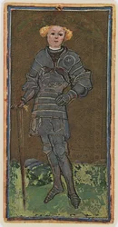 De schildknaap van zwaarden, facsimile van een tarotkaart uit het «Visconti»-spel, 1441-47