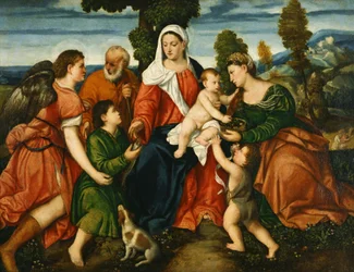 De Heilige Familie met Tobias en de Engel, Sint Dorothea, Giovannino, en het Wonder van het Graan daarachter