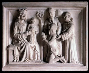 De Maagd die Jezus aan drie mensen presenteert (beeldhouwwerk)