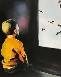 Het uitzicht vanuit het raam van een kleine jongen