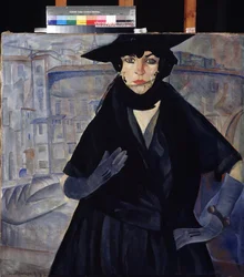 Een dame in het zwart. Schilderij van Boris Dmitryevich Grigoriev (1886-1939), circa 1910. Russische avant-garde, 20e eeuw, expressionisme. Staatskunstmuseum, Dnipropetrovsk (Dnepropetrovsk), Oekraïne