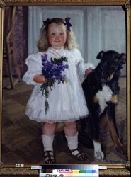 Portret van dochter Irina met de hond Shumka