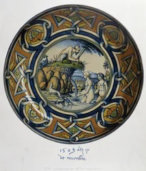 Actéon betrapt Artemis (Diana) in bad - in “Collection of Italian faiences of the XV, XVI and XVIIIth centuries”, ontworpen door C. Delange en C. Borneman, uitgegeven door Delange, Parijs