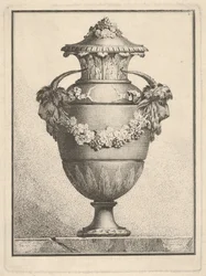 Ontwerp voor een gedekte vaas met twee geitenkoppen en een slinger, 1764