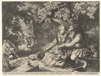 Dood en Cupido schieten elkaars pijlen af en oude man maakt jonge vrouw het hof