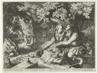 Dood en Cupido schieten elkaars pijlen af en oude man maakt jonge vrouw het hof