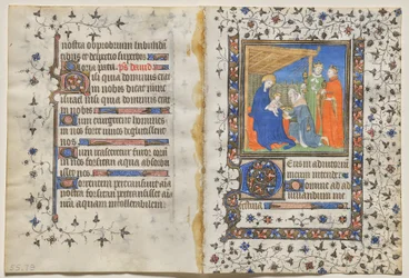 Bifolio uit een getijdenboek: Aanbidding van de Wijzen (recto)