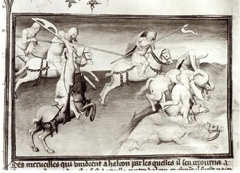 Ms. Fr. 2810: De Mongoolse leider Hulagu, kan van het Il-kanaat, achtervolgt in 1262 zijn neef Berke, kan van de Kiptsjaken of de Gouden Horde, en dwingt hem een rivier in, uit „Boek van de wonderen van de wereld”, ca. 1410
