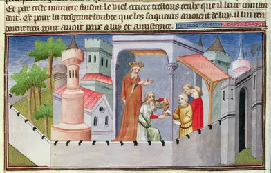 Ms Fr 2810 f.17, Hassan i Sabbah leidt de inwijdingen in Alamut en geeft zijn volgelingen gedrogeerde wijn, uit de «Livres des Merveilles du Monde», ca. 1410-12