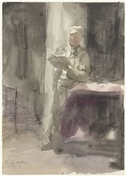 Man met een boek staand bij een tafel en raam