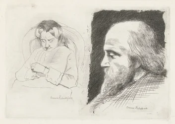 Zittende vrouw en portret van een man