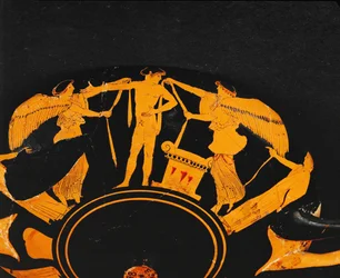 Nike, godin van de overwinning, doet linten om bij een jonge atleet die naast een altaar staat ...