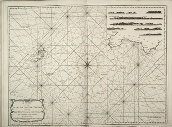 Een kaart van de ingang van het Kanaal met de westkust van Cornwall en de Scilly-eilanden met alle dieptemetingen