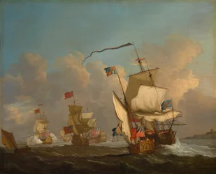 Een koninklijk jacht met een vloot die in een bries op weg is, c.1720
