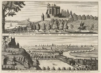 Een uitzicht op het Observatorium in Greenwich Park... [en] Een uitzicht op Deptford en Londen genomen vanaf Flamsteed Hill in Greenwich Park, ca. 1750