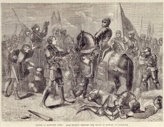 Slag bij Bosworth Field. Lord Stanley brengt de kroon van Richard III naar Richmond (1485): einde van de Rozenoorlog - in 