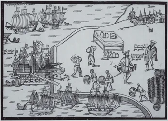 Engelse kooplieden kopen wijn in Bordeaux, Frankrijk