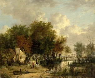 Rivierscène, jongen die schapen drijft