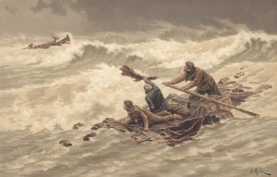 Zeelieden klampen zich vast aan wrakstukken op zee (kleur litho)