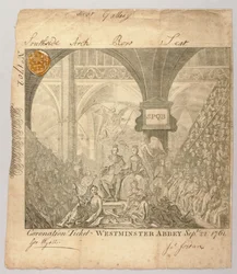 Toegangsbewijs voor de kroningsceremonie van George III in Westminster Abbey, gegraveerd door George Bickham, 22 september 1761