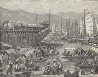 Schepen in drukke haven, Shanghai, China (gravure)